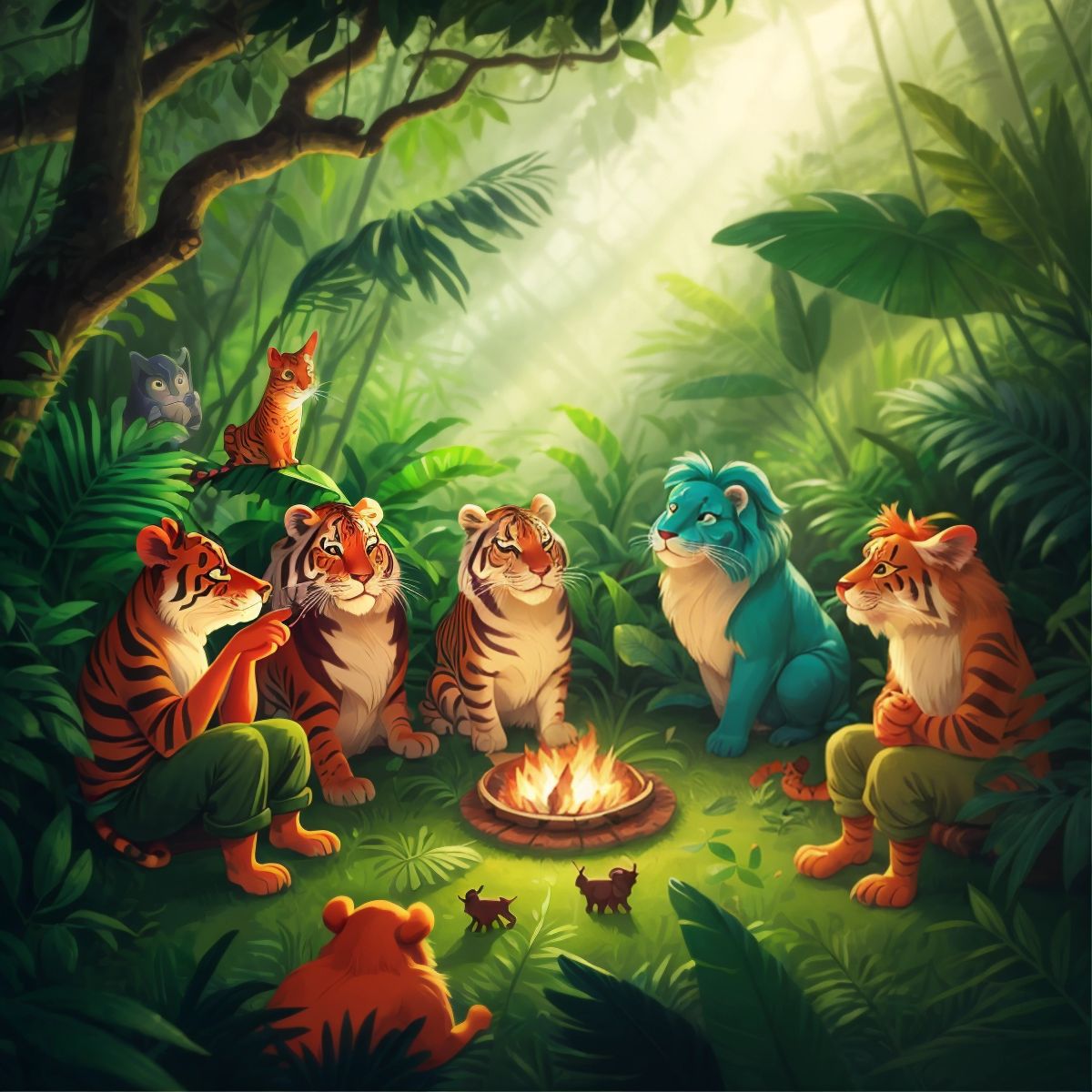 The animals of the jungle gathered in a clearing, sharing stories and songs, with a focus on the festive atmosphere rather than individual characters.