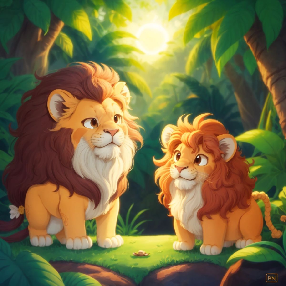 Leo smiling contentedly as Pip sings from his mane, with a serene jungle backdrop.