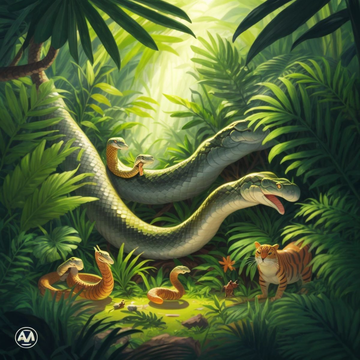 The snake retreating into the jungle undergrowth, defeated, with the other animals watching in the background.