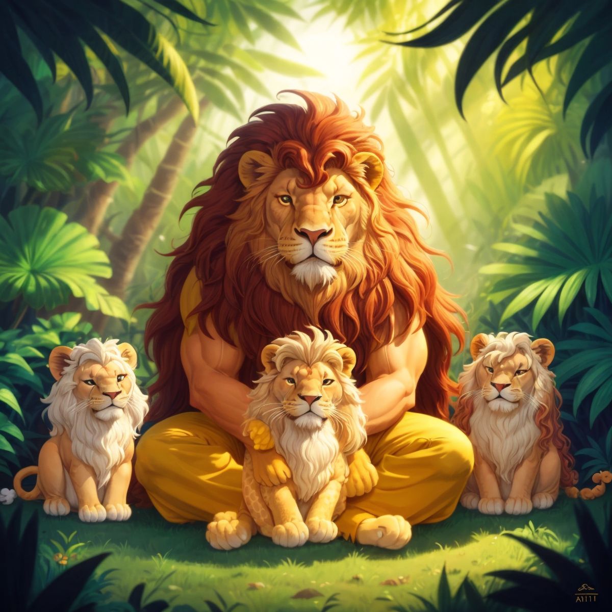 Leo sitting peacefully in the jungle, his mane glowing with warmth, surrounded by happy animals.