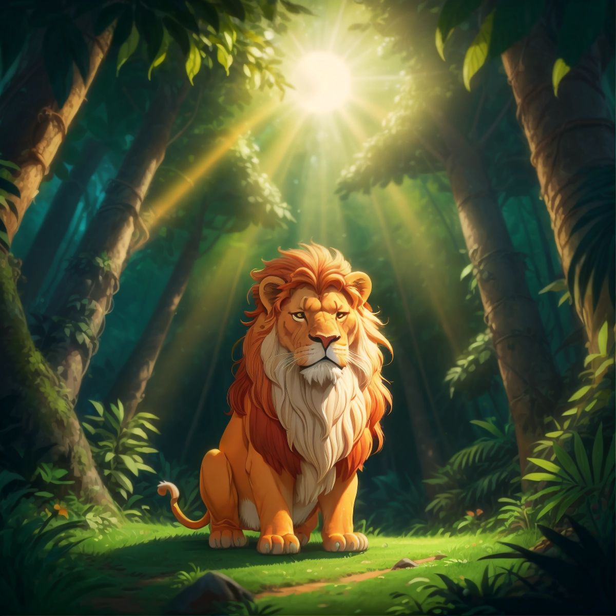 The jungle bathed in a warm glow, with Leo's roar visualized as a wave of harmony encircling the trees.