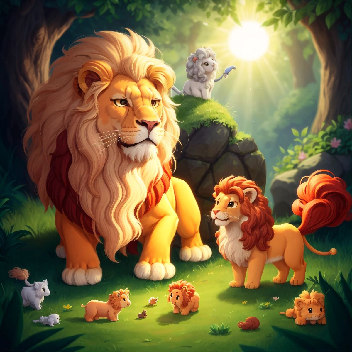 Leo's mane depicted as a beacon of kindness and unity, with small animals gathered around in admiration.