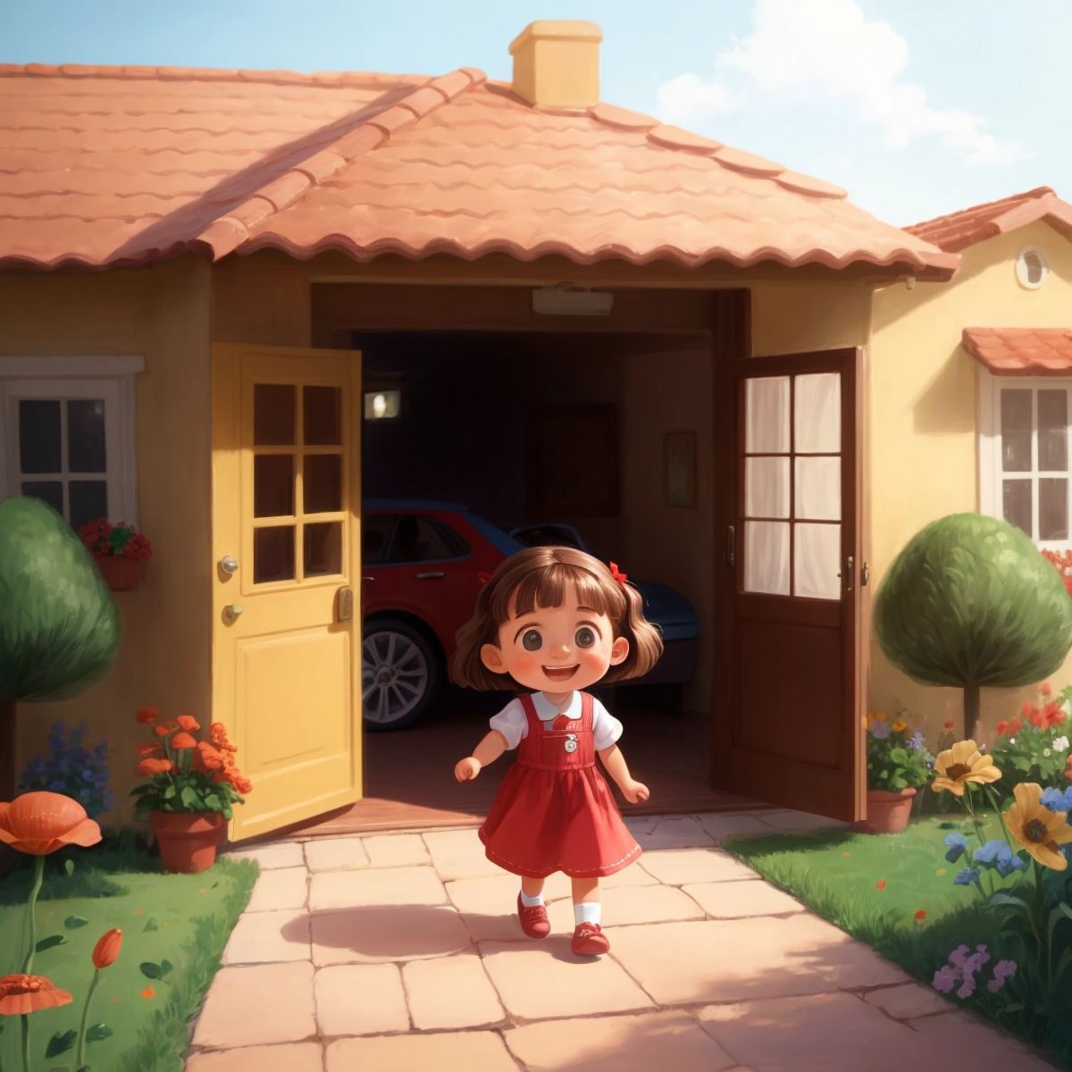 Ryleigh stepping out of the car with a bright, joyful smile, Nene and Poppy's welcoming house in the background