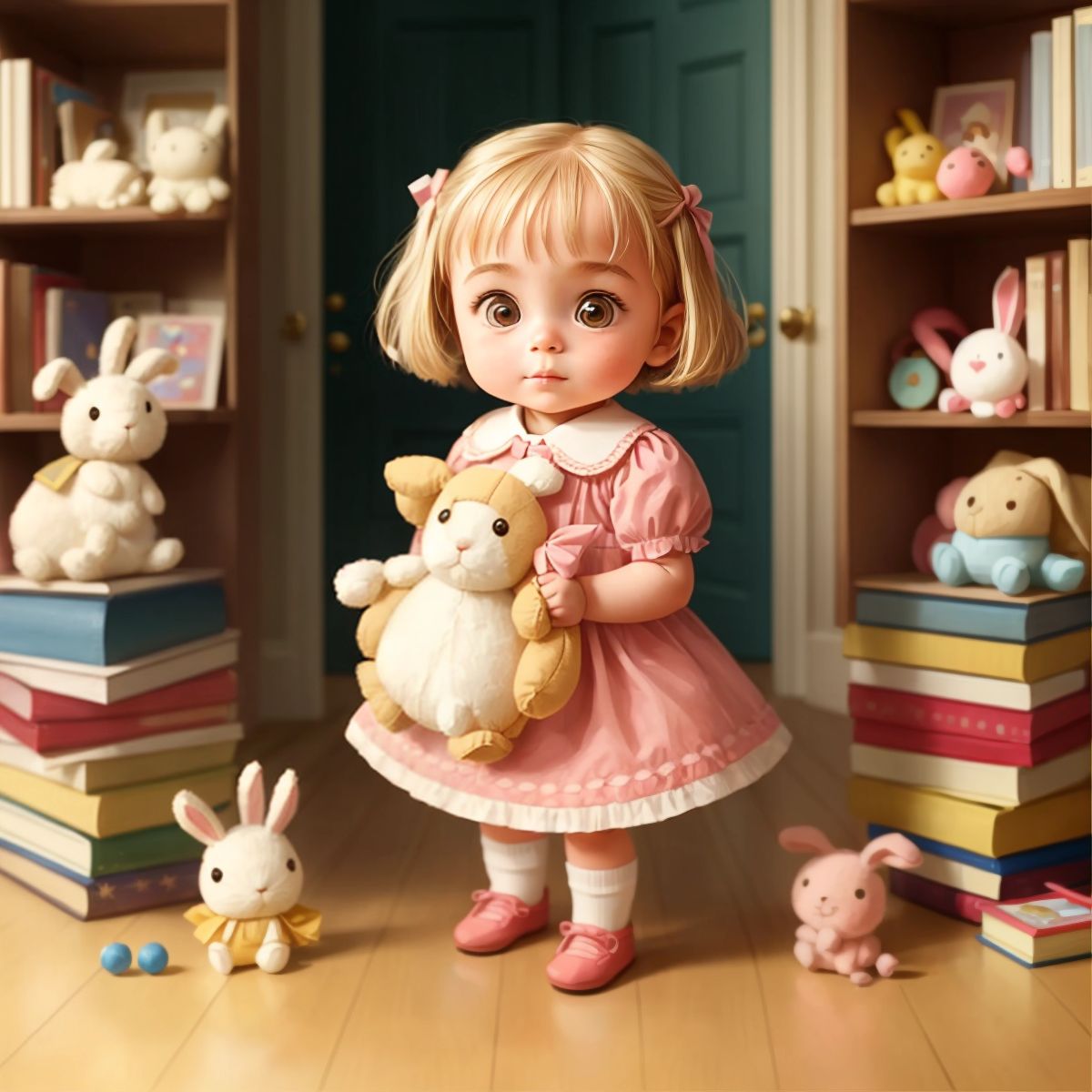Aleigha holding her stuffed bunny with determination, surrounded by an array of toys and books