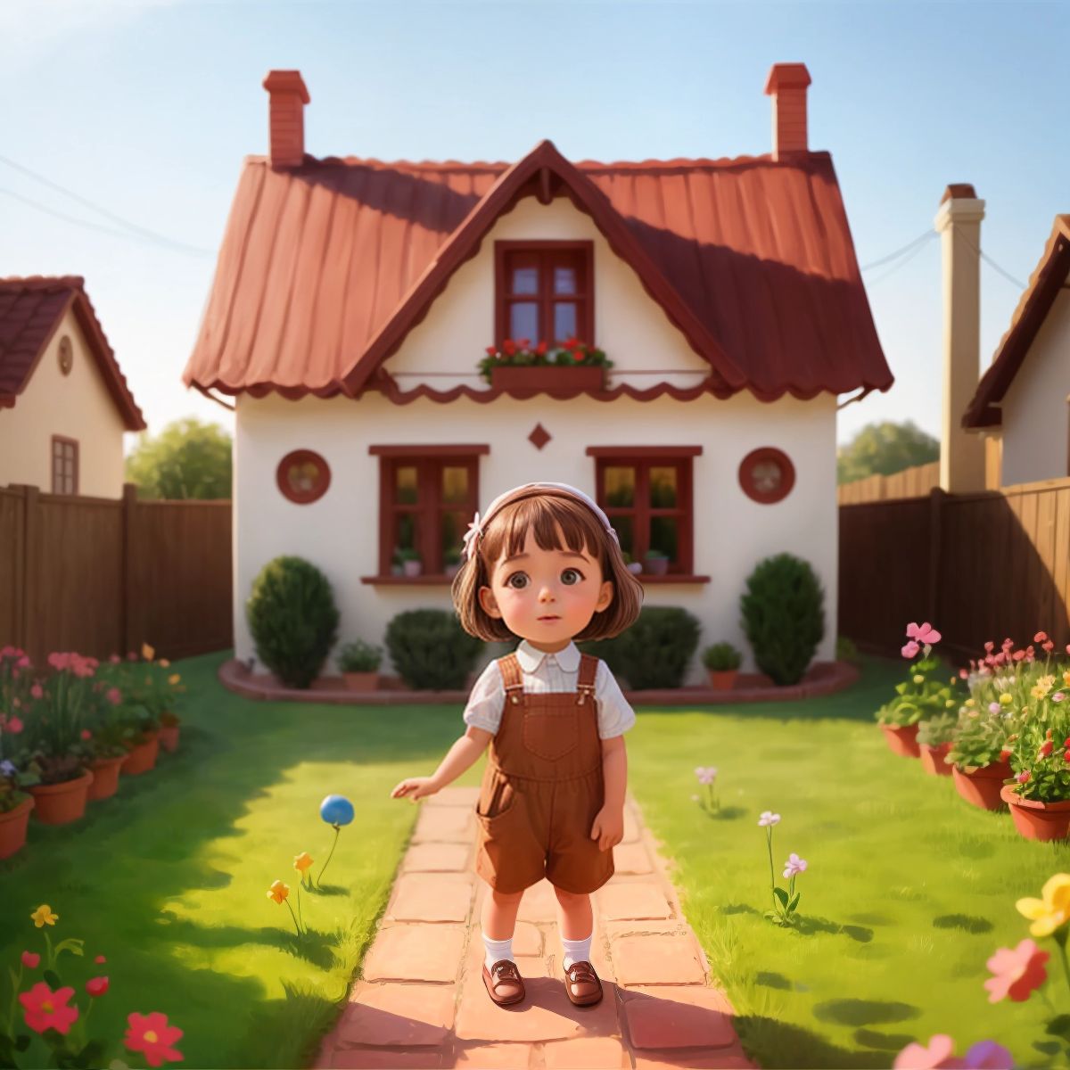 Raelynn standing in the backyard with a look of excitement, house in the background adorned with playful decorations