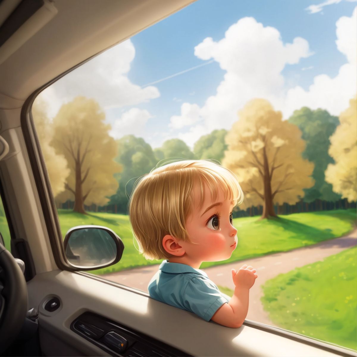 Aleigha looking out the car window with curious eyes, landscape with fluffy clouds and tall trees outside