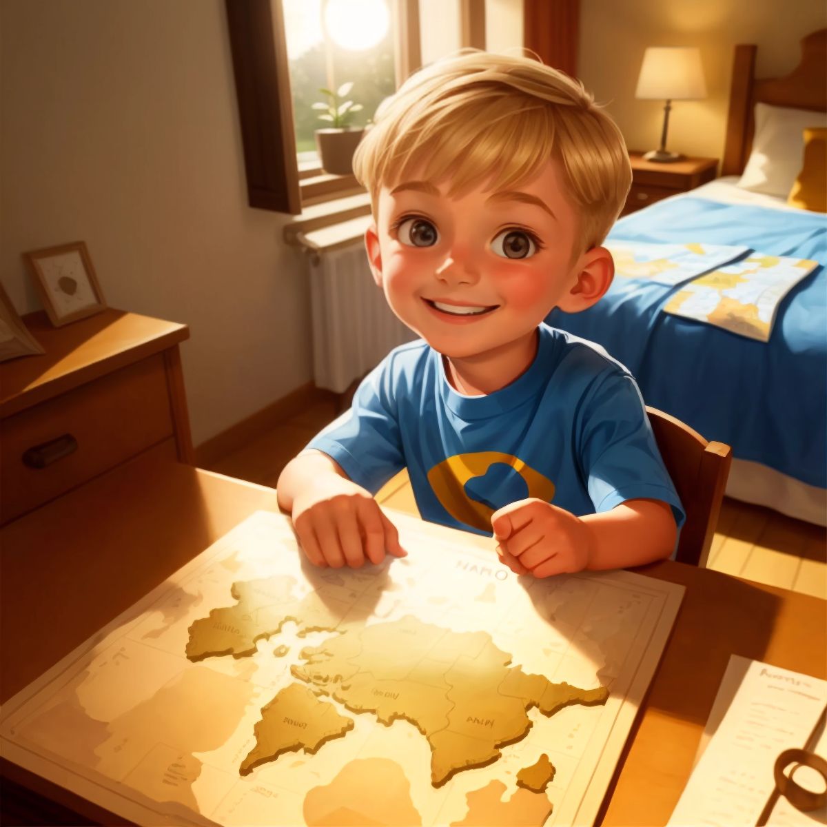 Noah, with a content smile, placing the map into a drawer in his room, with a window showing the setting sun.