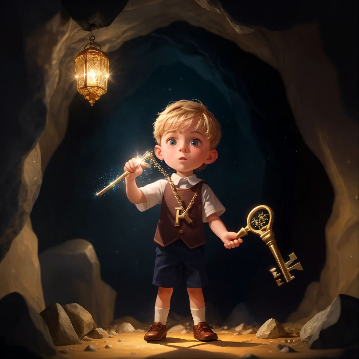 Noah's hand holding a glittering key, with an expression of awe on his face, inside a dimly lit cave with sparkling crystals.