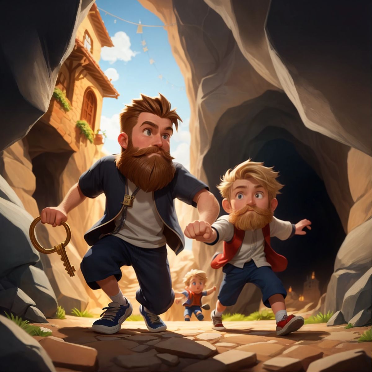 Shred Beard reaching out with a greedy expression, trying to grab the keys from Noah who is dodging with a clever smirk, in the cave's narrow corridor.