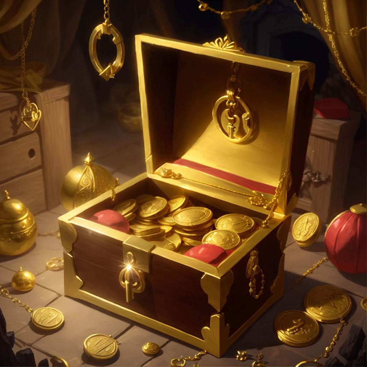 A treasure-filled chamber with golden coins and jewels, the magical key in the lock of an ancient chest, no characters present.