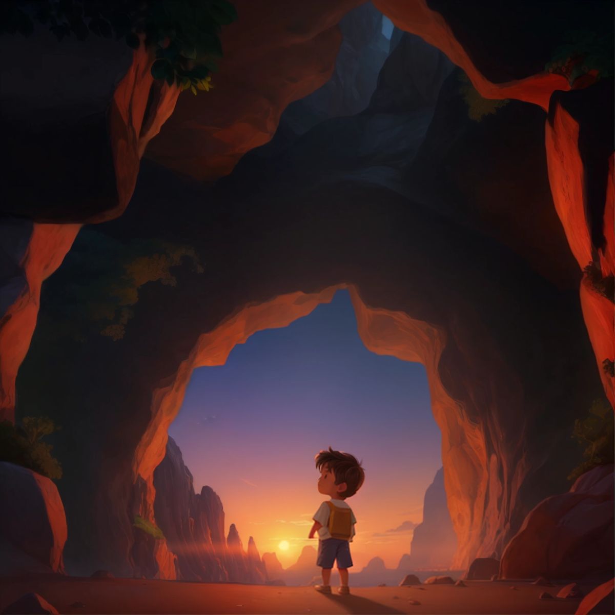 The cave entrance at sunset, with Sergio looking back at the warm glow of the sky, a mix of contentment on his face.