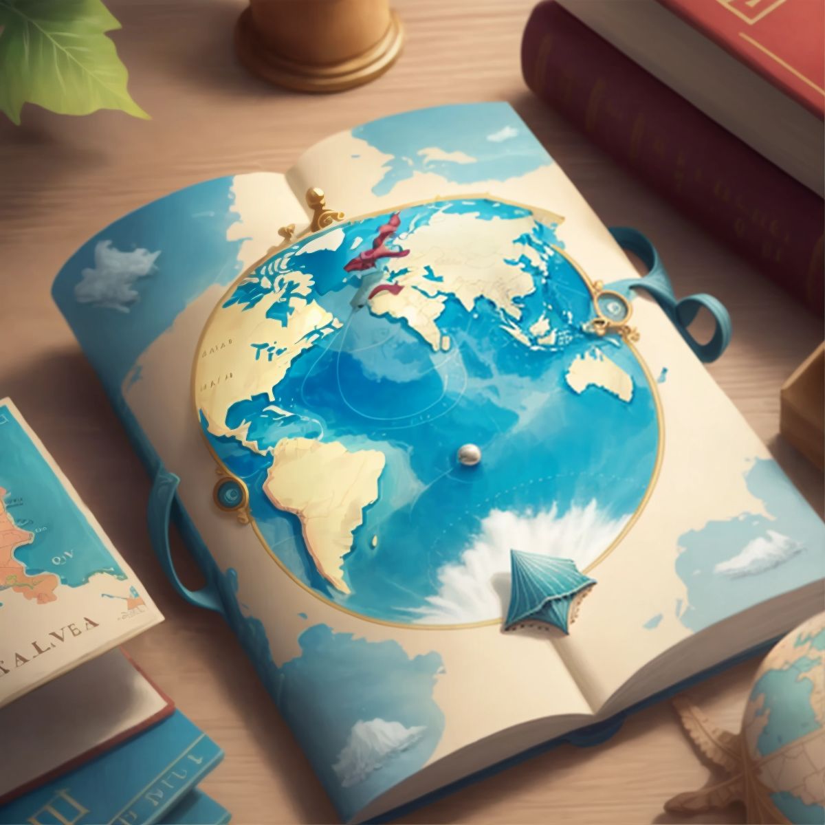 A book with a map and ocean on the cover, symbolizing new adventures, no characters present.