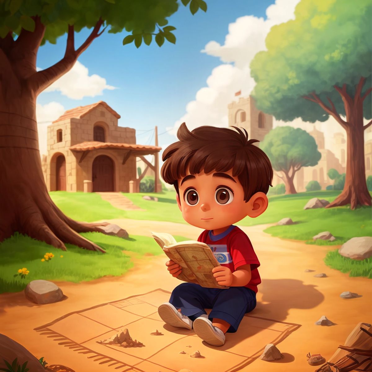 Sergio examining a dusty old map with symbols, with a park background and a look of wonder on his face.