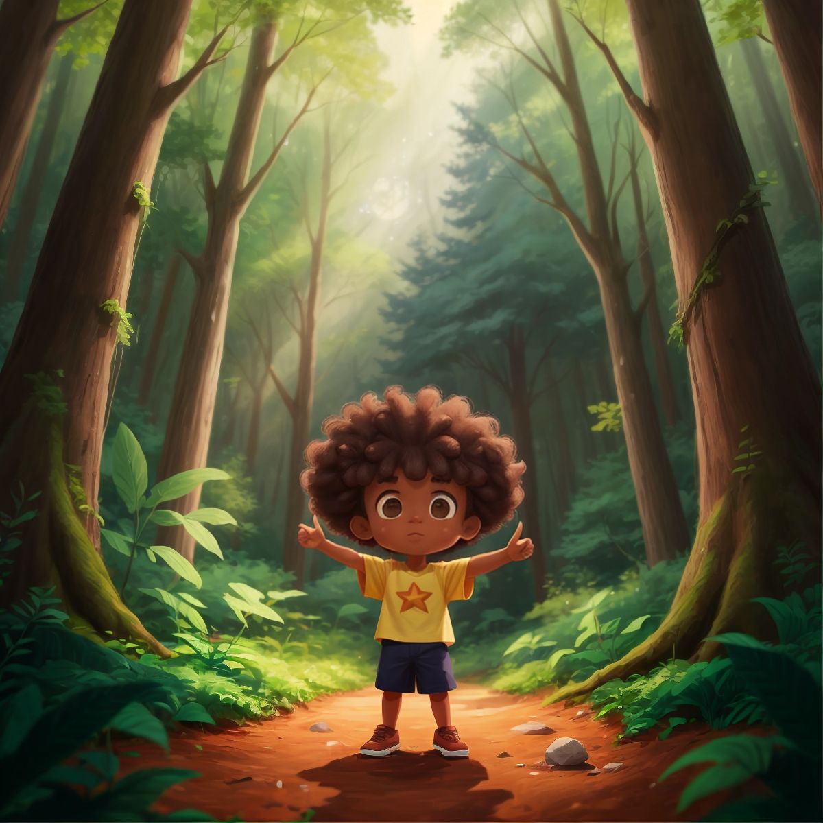 Ayden in a forest clearing, pointing at a symbol on the map that looks like a star, surrounded by tall trees.