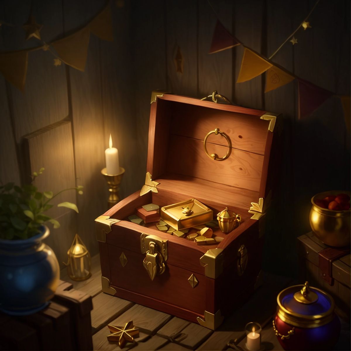 A shimmering treasure chest in a small alcove with a faint glow, no characters present.