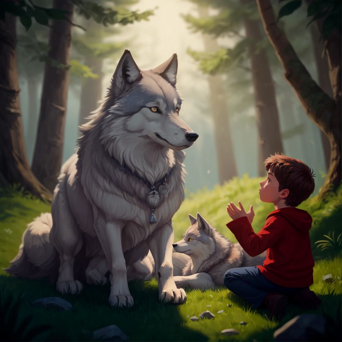 The wolf, gentle and commanding, speaking to the boys, with no characters shown for mystery.