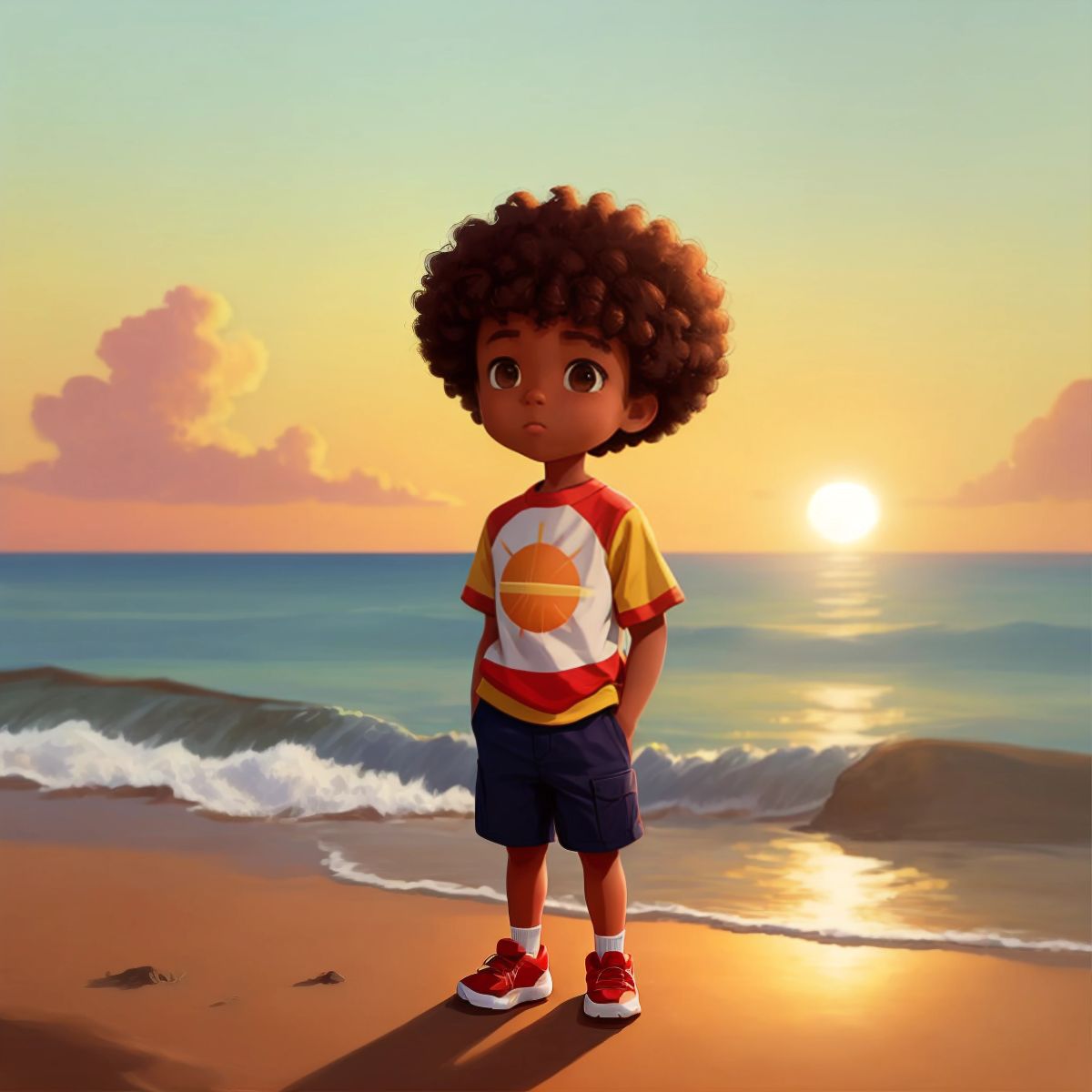 Ayden standing at the edge of a new horizon, with the sun setting and a hopeful look on his face.