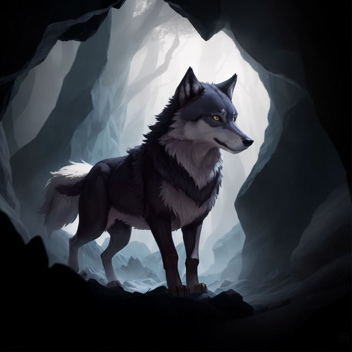 A majestic wolf emerging from the shadows of the cave, with a protective yet curious expression.