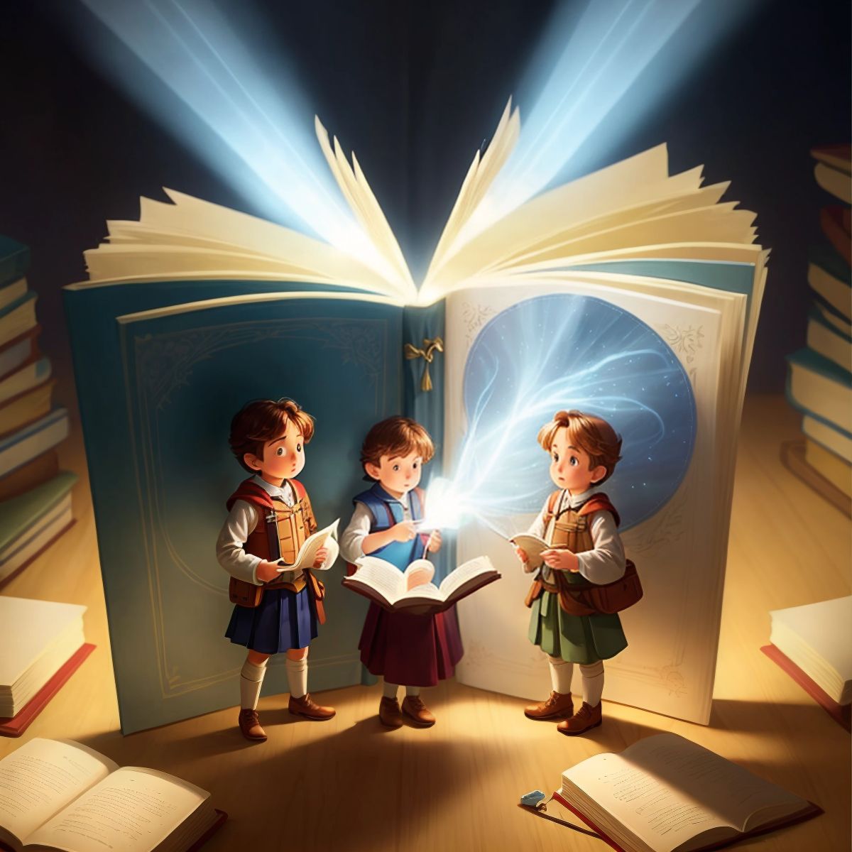 An open book with light emanating from it, representing the enduring tale of the trio's adventures.