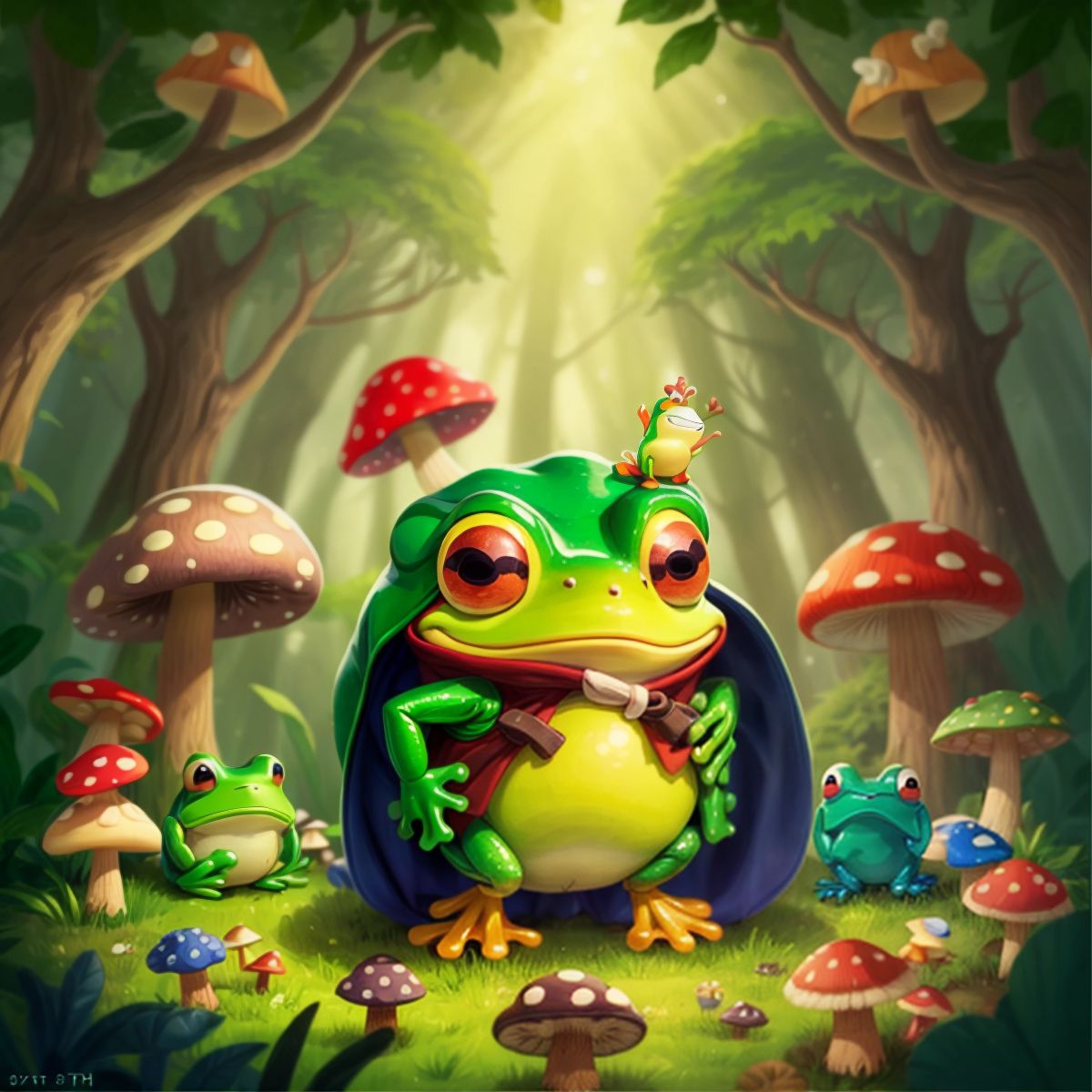 Froggy celebrating with the other frogs, wearing a hero's cape, as the forest background is filled with mushrooms and a festive atmosphere.