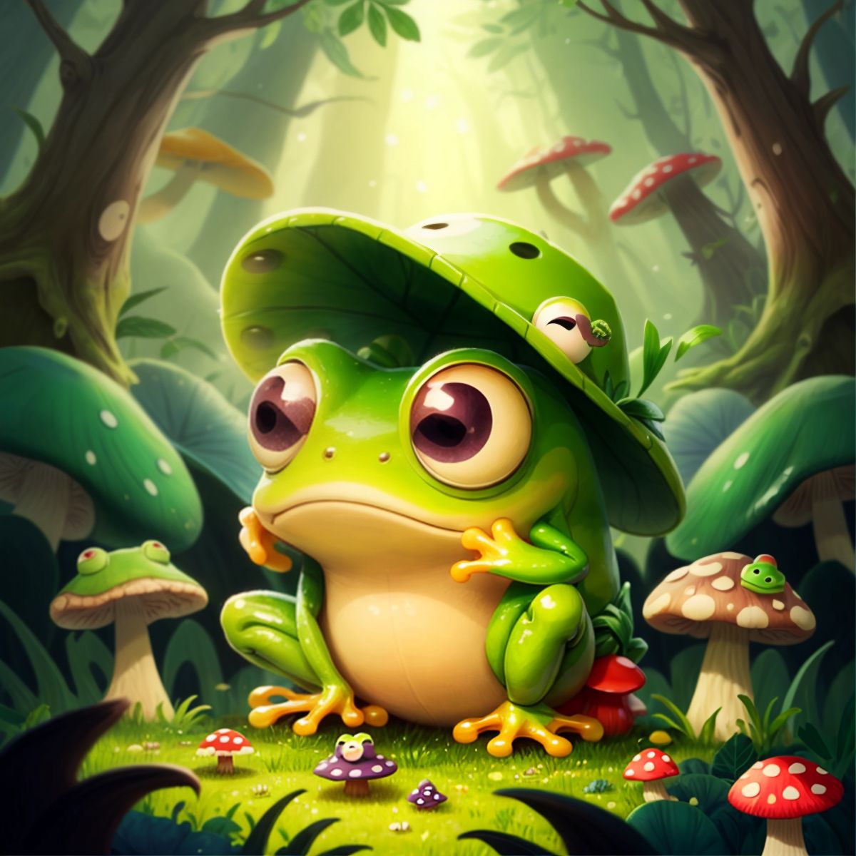 Froggy with big googly eyes looking sadly at the empty spots where mushrooms used to be in the Mushroom Forest.