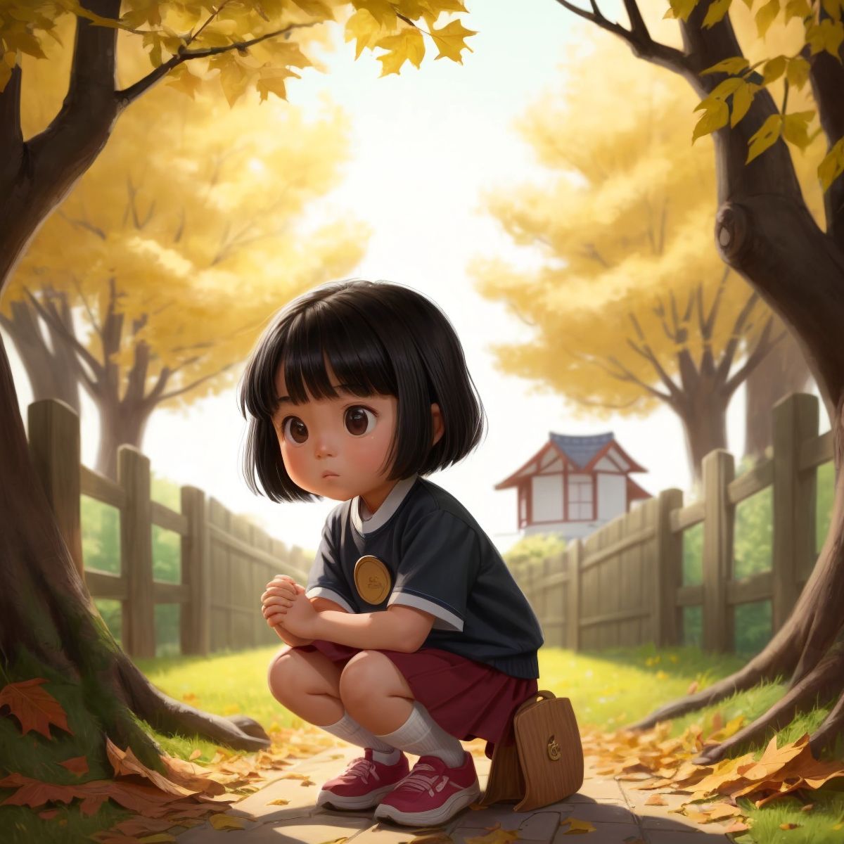 Dwisha, with a look of curiosity on her face, kneeling on the ground as she discovers a mysterious key under a pile of leaves. The background shows a quaint backyard with a fence and a few trees.