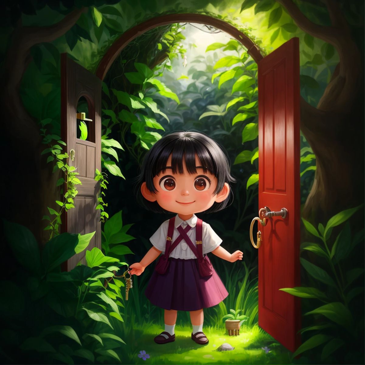 Dwisha, with wide eyes and a smile, turning the key in a hidden door among overgrown bushes. The door is slightly ajar, revealing a glimpse of the magical garden within.