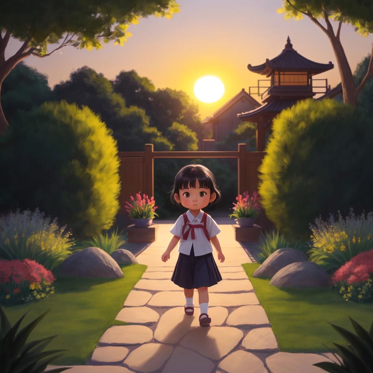 Dwisha, with a serene and content expression, walking away from the secret garden as the sun sets, casting a warm glow on the scene. The silhouette of the garden's entrance can be seen in the background.