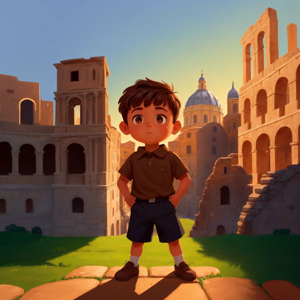 Atticus depicted as a silhouette against a backdrop of Roman buildings, with the title 'The Brave Young Explorer' above him.