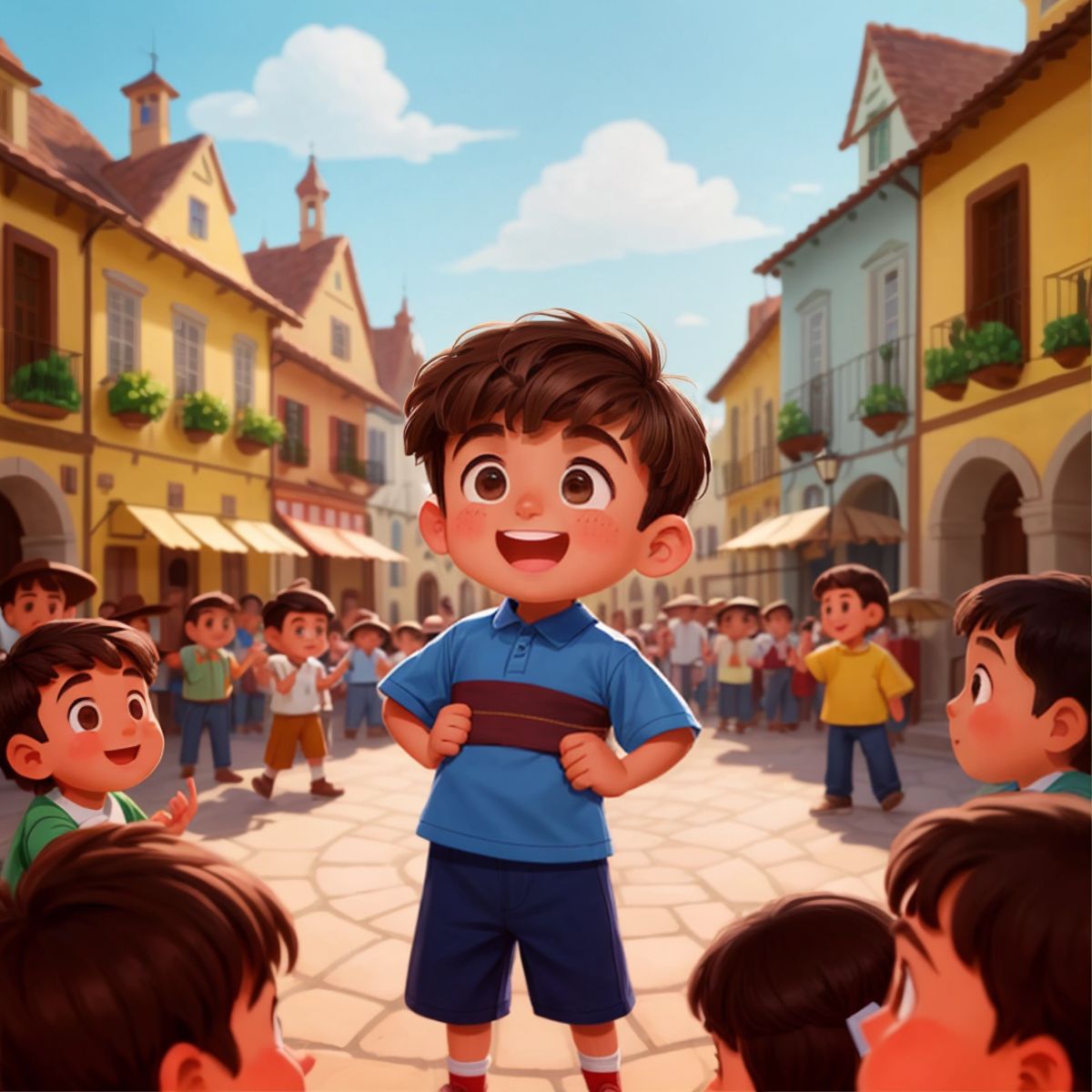 Atticus surrounded by townspeople in the town square, sharing his tales with a proud and happy expression.