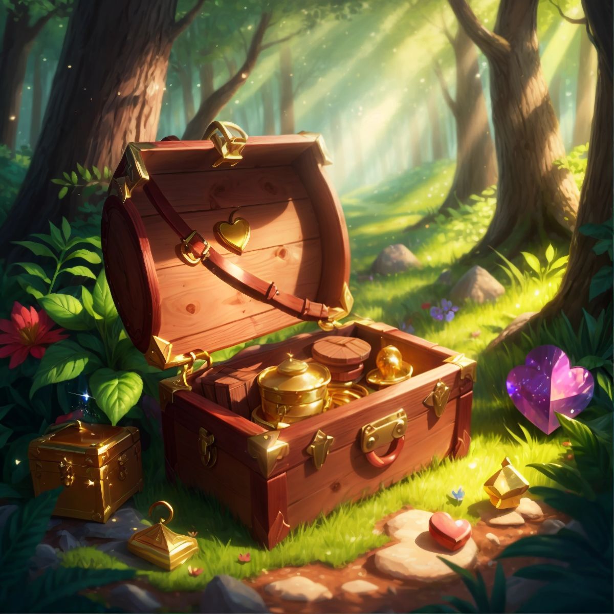 A hidden treasure chest sparkling in the sunlight amidst the heart of the forest, no characters present.