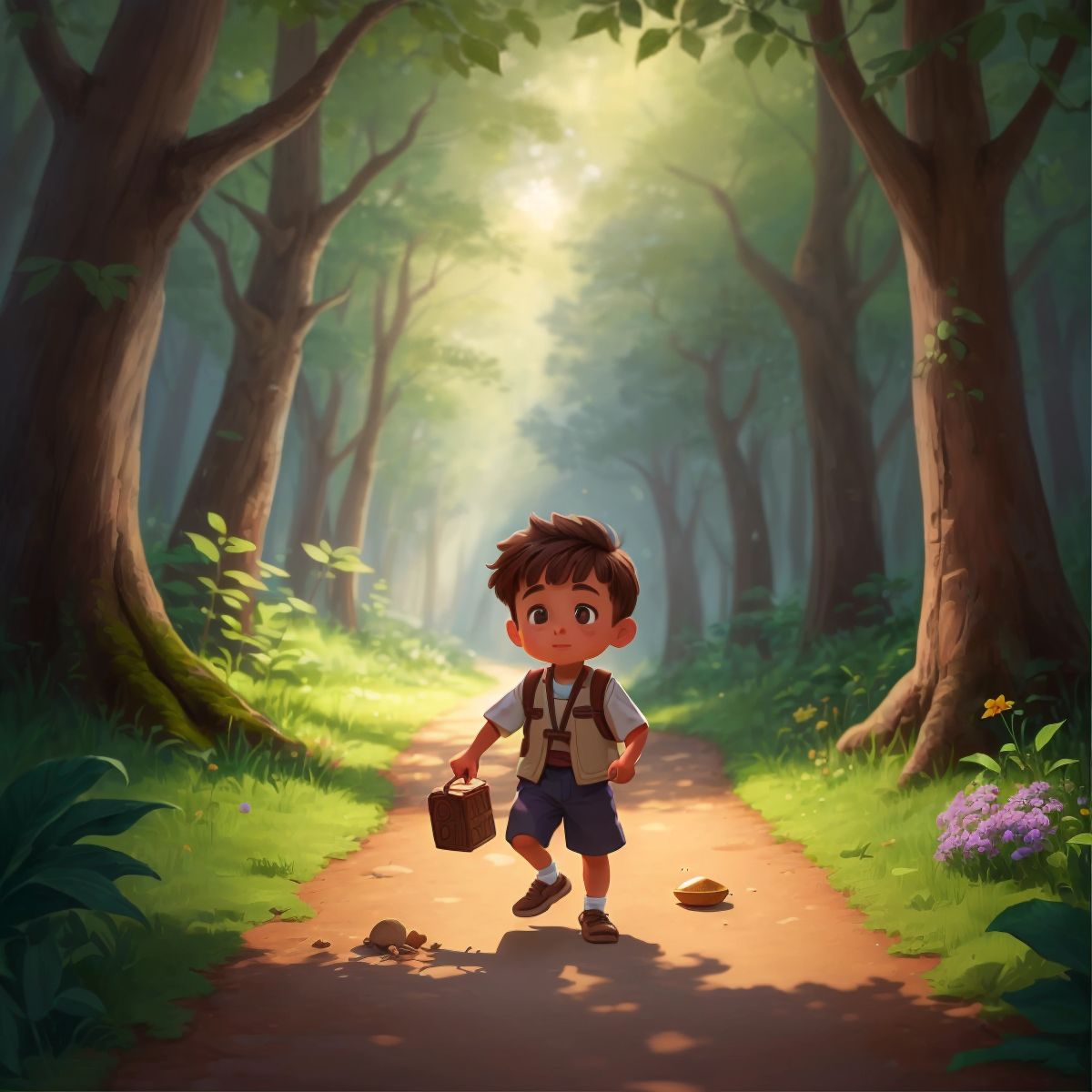 Atticus walking on a path with a treasure in hand, sharing stories with fellow travelers in a forest setting.