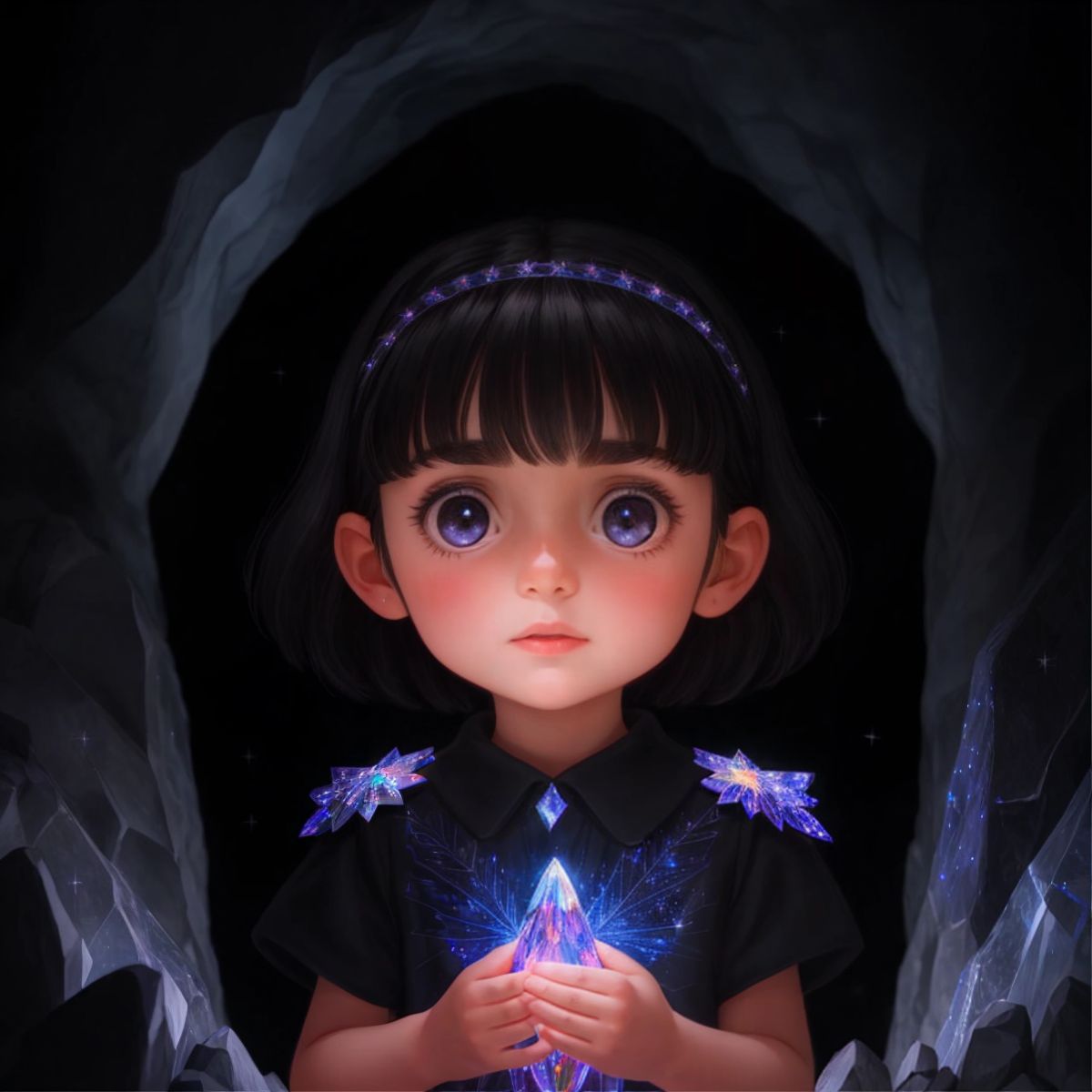 Stella, with an expression of awe, in a dark cave illuminated by sparkling crystals with ancient drawings on the walls