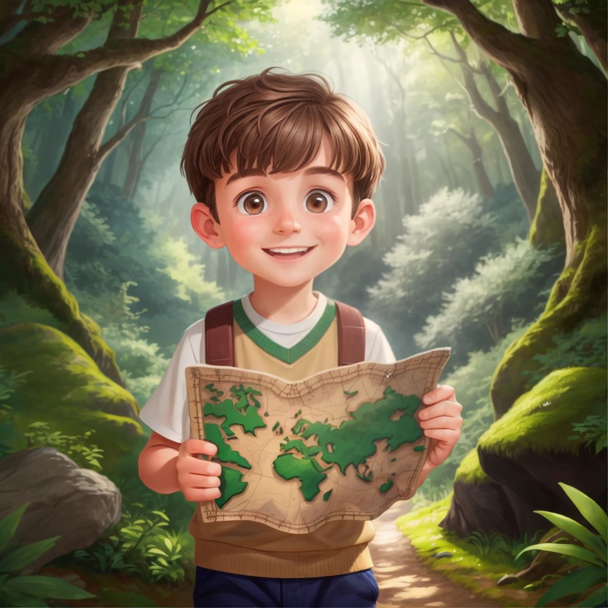 Joy, looking excited and holding a hand-drawn map, in a forest setting with trees and a glimpse of the cave entrance in the background