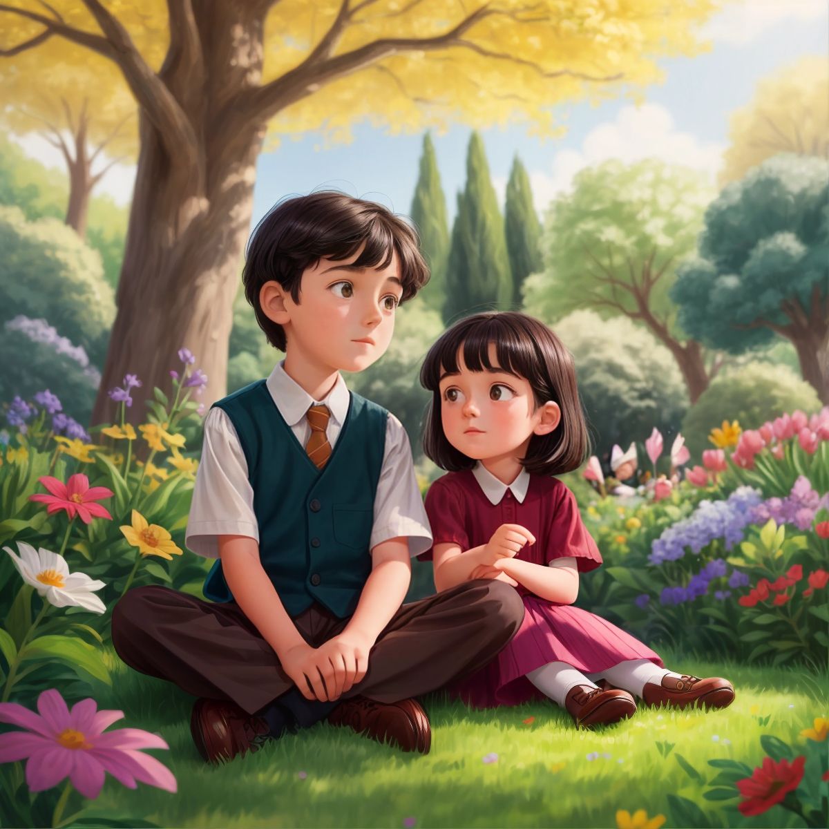 Stella and Joy sitting with wide-eyed wonder in a garden full of colorful flowers and tall trees, listening to Grandpa Joe