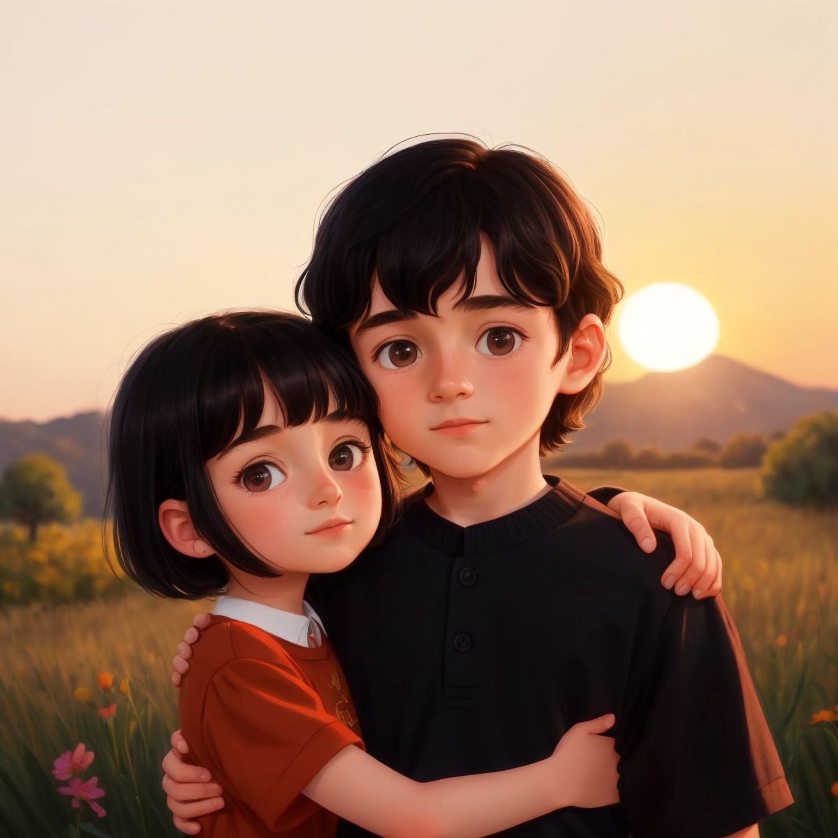 Stella and Joy hugging Grandpa Joe with a sunset background, symbolizing the warmth of their bond