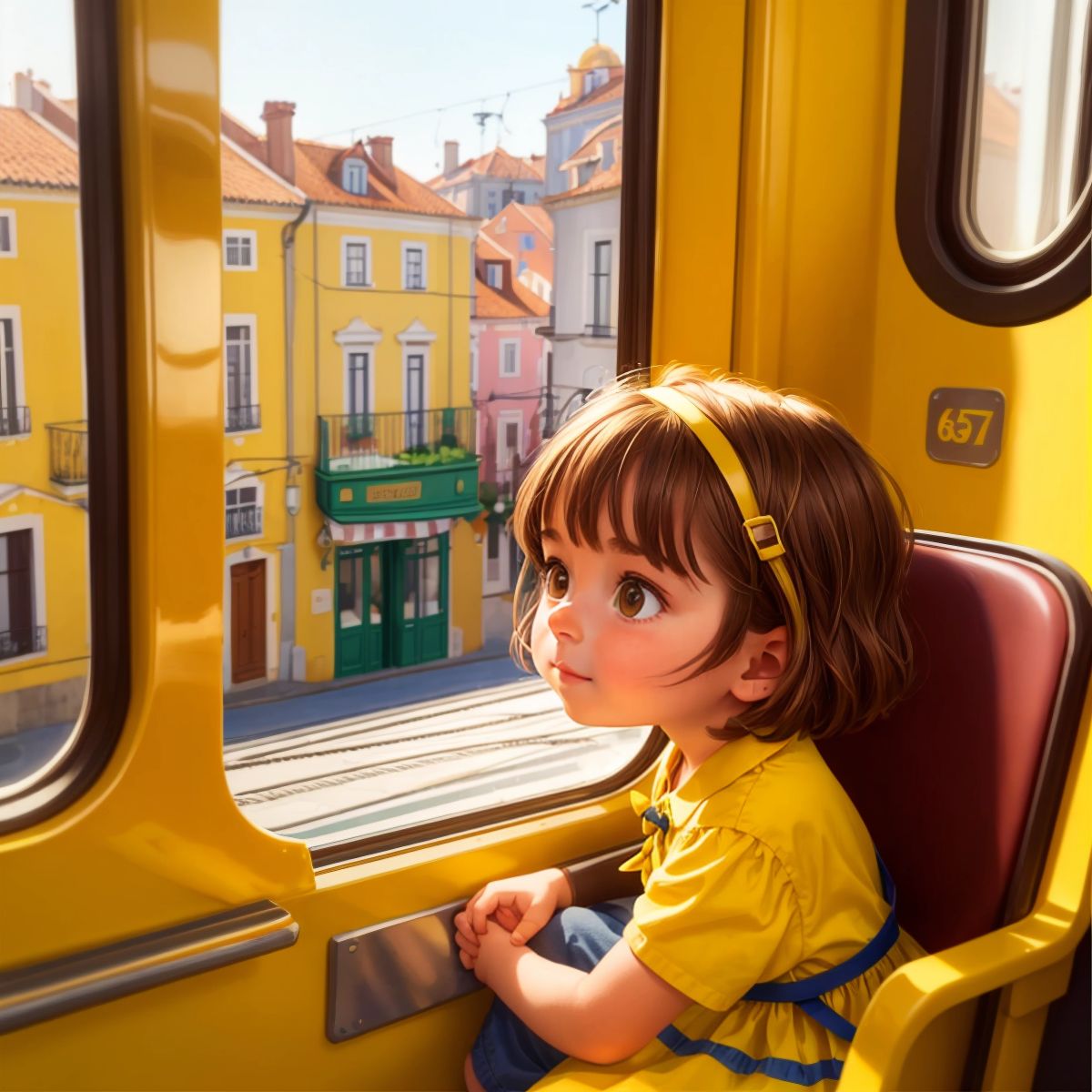 Nina sitting in a bright yellow tram, looking out the window with excitement as the tram passes through Lisbon's neighborhoods.