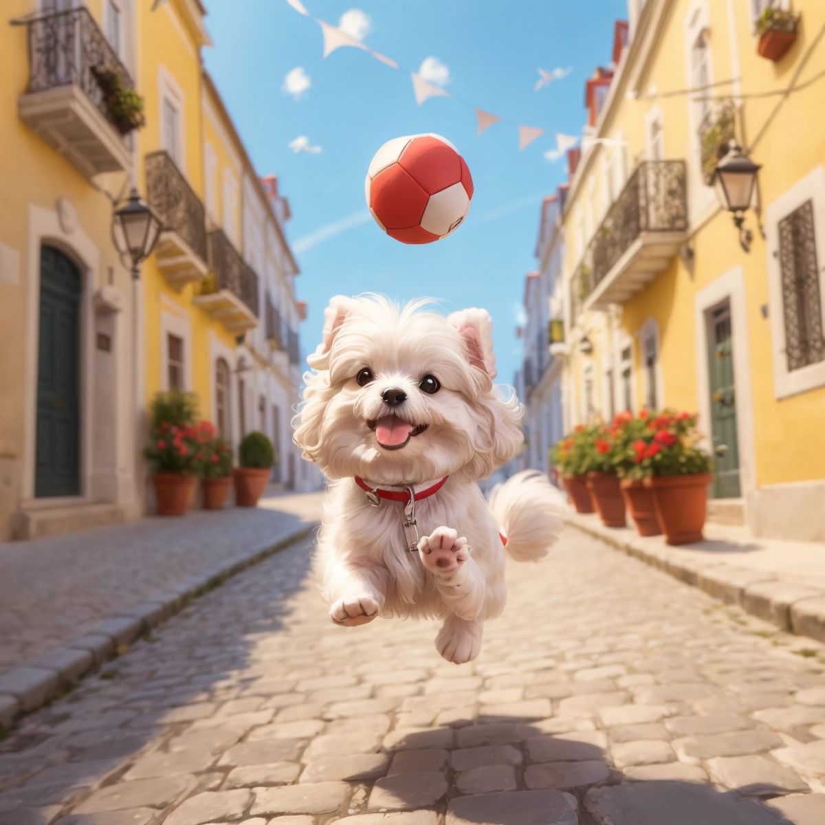 Ariel leaping joyfully after a ball on the cobblestone streets of Lisbon, with the São Jorge Castle in the distance.