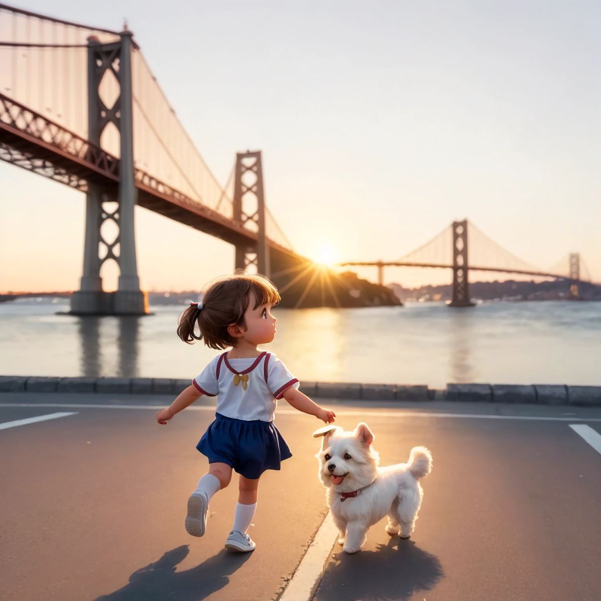 Nina and Ariel's silhouette against a sunset sky, playing tag on the streets of Lisbon, with the 25 de Abril Bridge visible in the fading light.