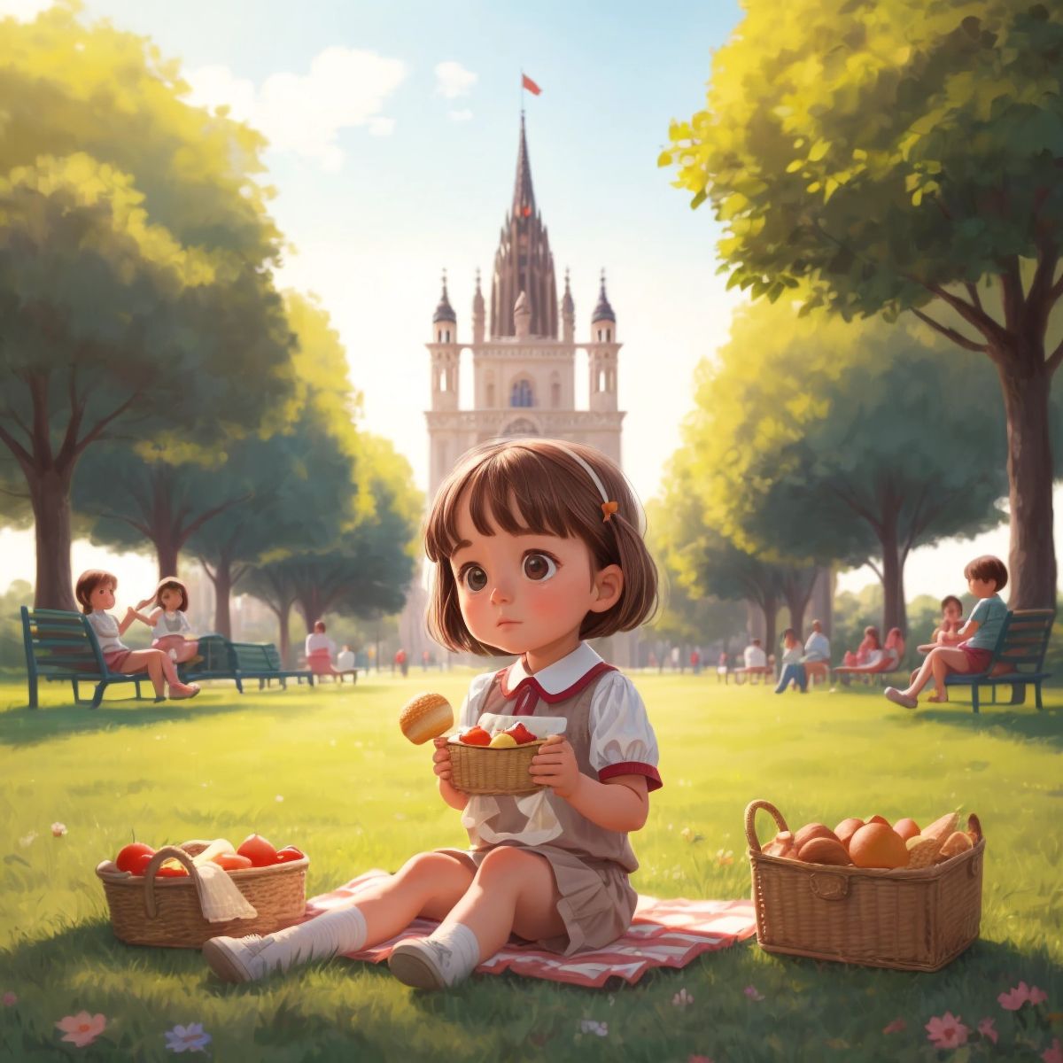 Nina sitting on a picnic blanket in a park, reaching for a treat, with the iconic Belém Tower in the distance.