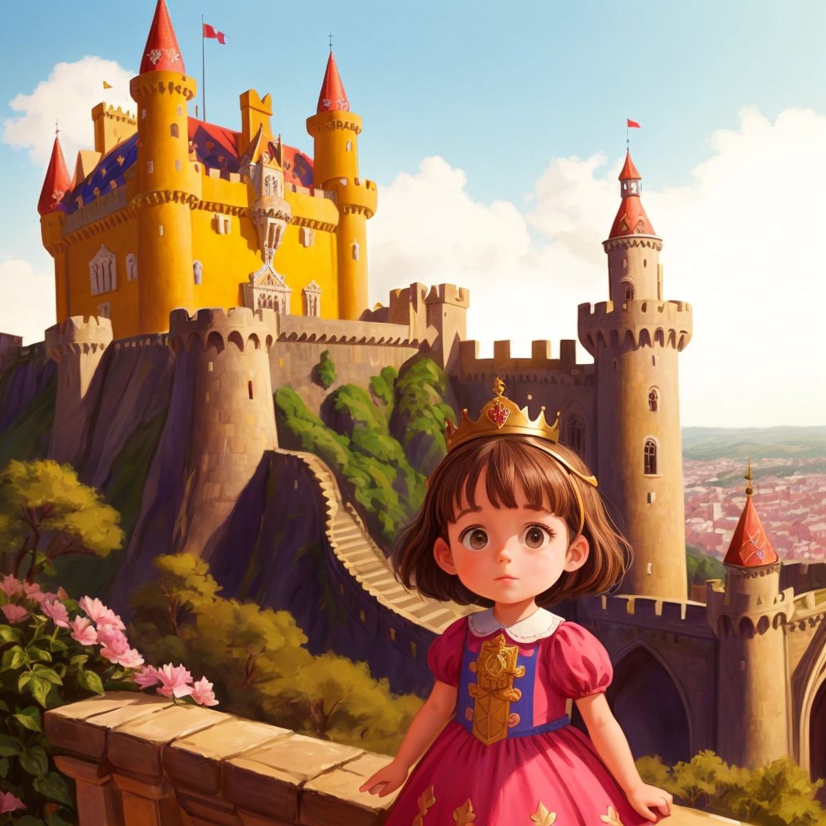 Nina wearing a princess crown, standing at the top of a tower in the Pena Palace in Sintra, with the colorful castle behind her.