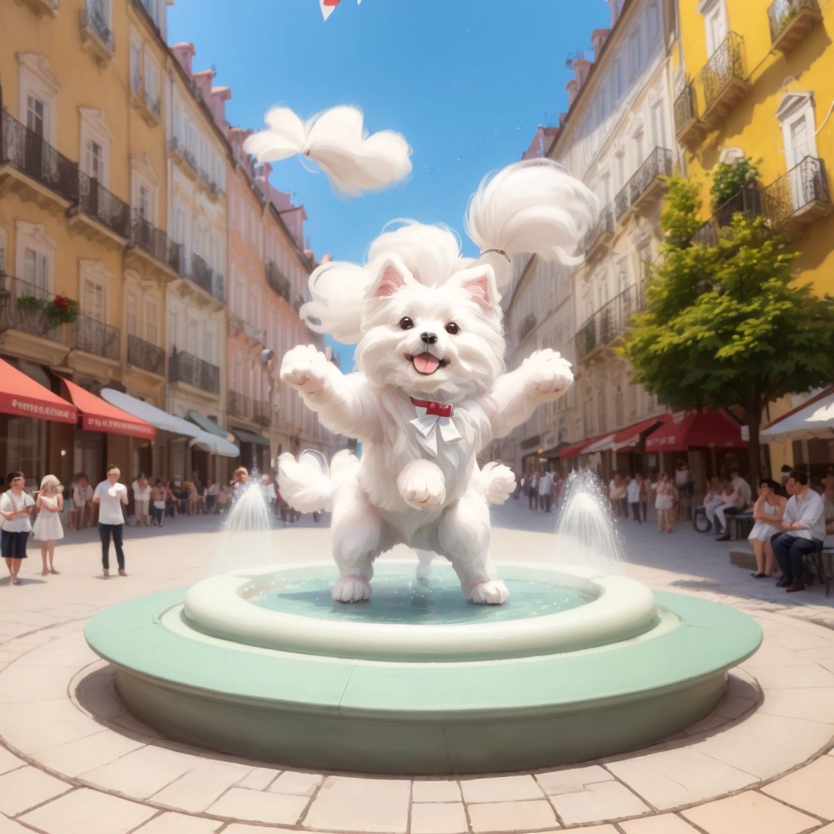 Ariel dancing on its hind legs in a bustling Lisbon plaza, with a fountain and street musicians in the background.