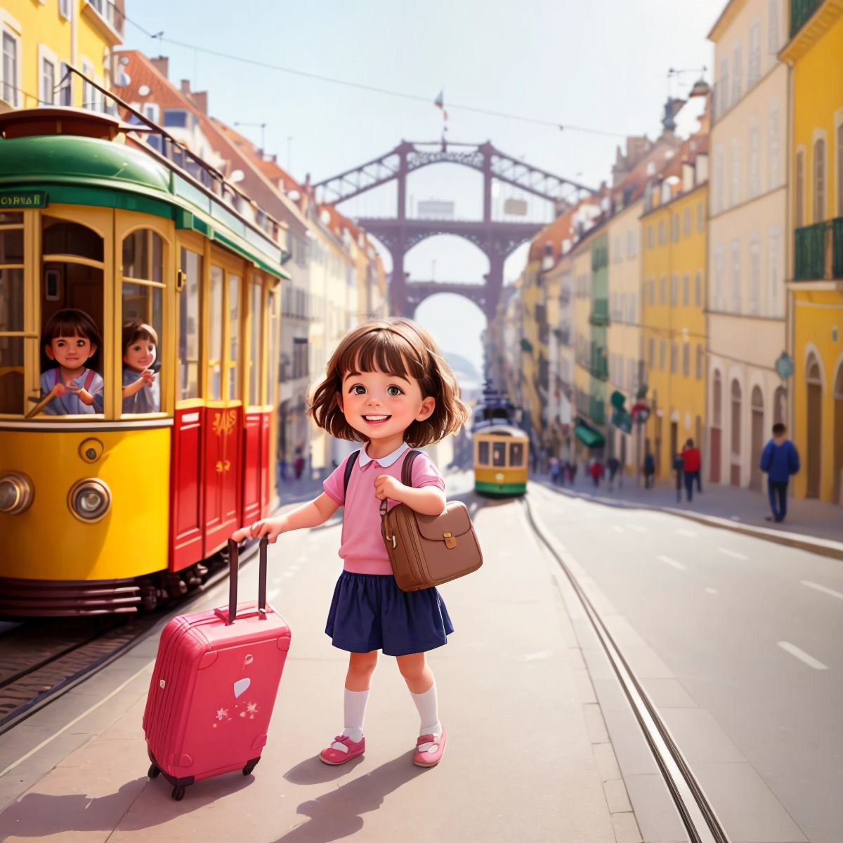 Nina with a big smile, packing a suitcase with clothes and toys, with a glimpse of Lisbon's iconic tram in the background.