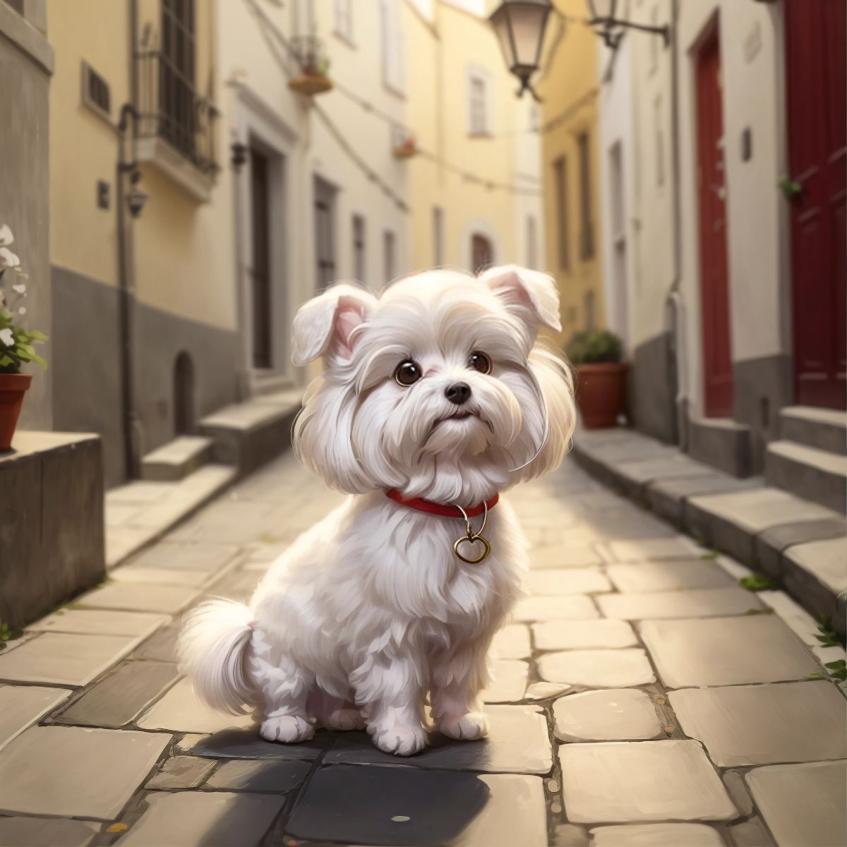 Ariel with ears perked up, listening intently to the sounds of Fado music in a quaint Lisbon alleyway.