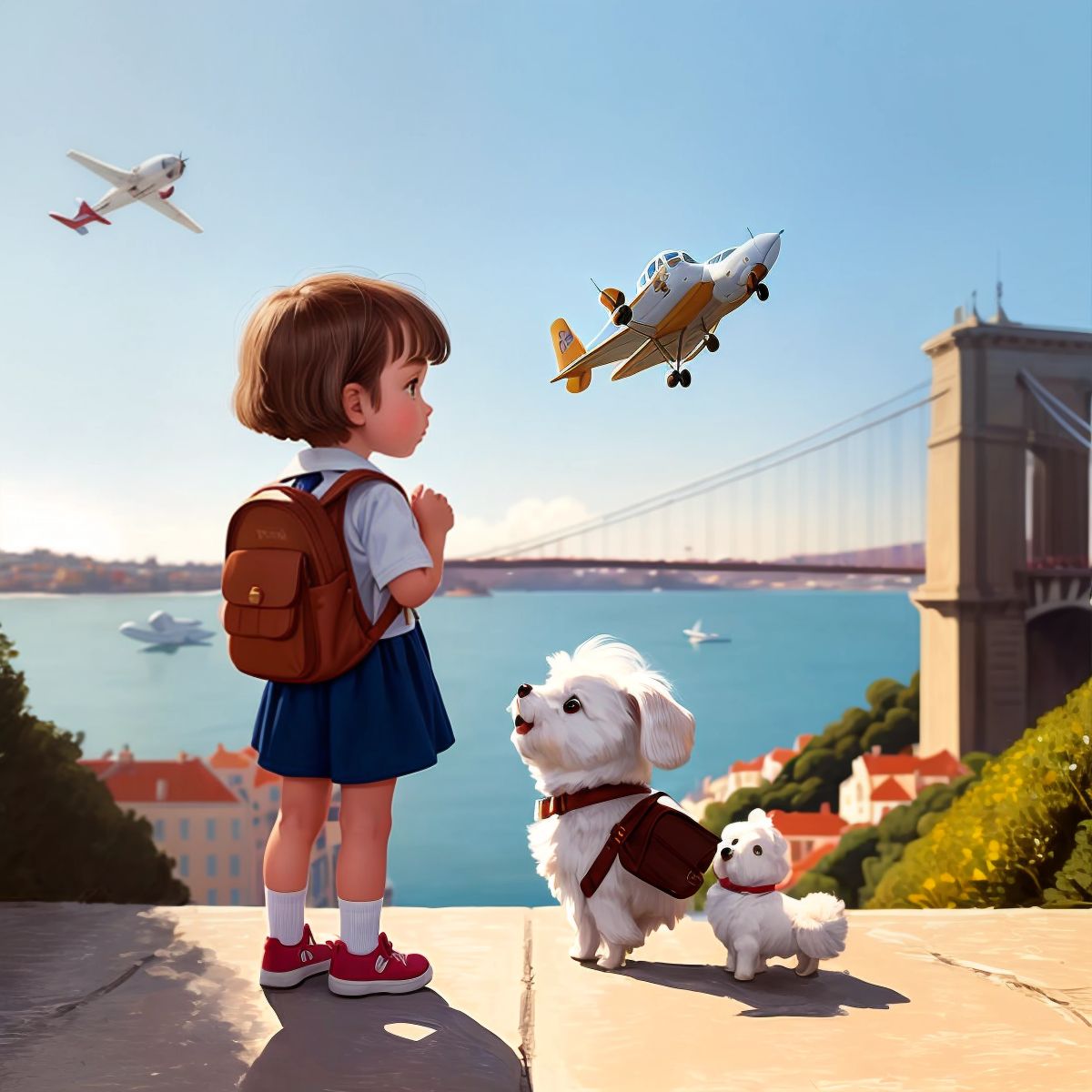 Nina with a backpack, standing next to Ariel, both looking excited against a backdrop of a plane flying towards a silhouette of Lisbon.