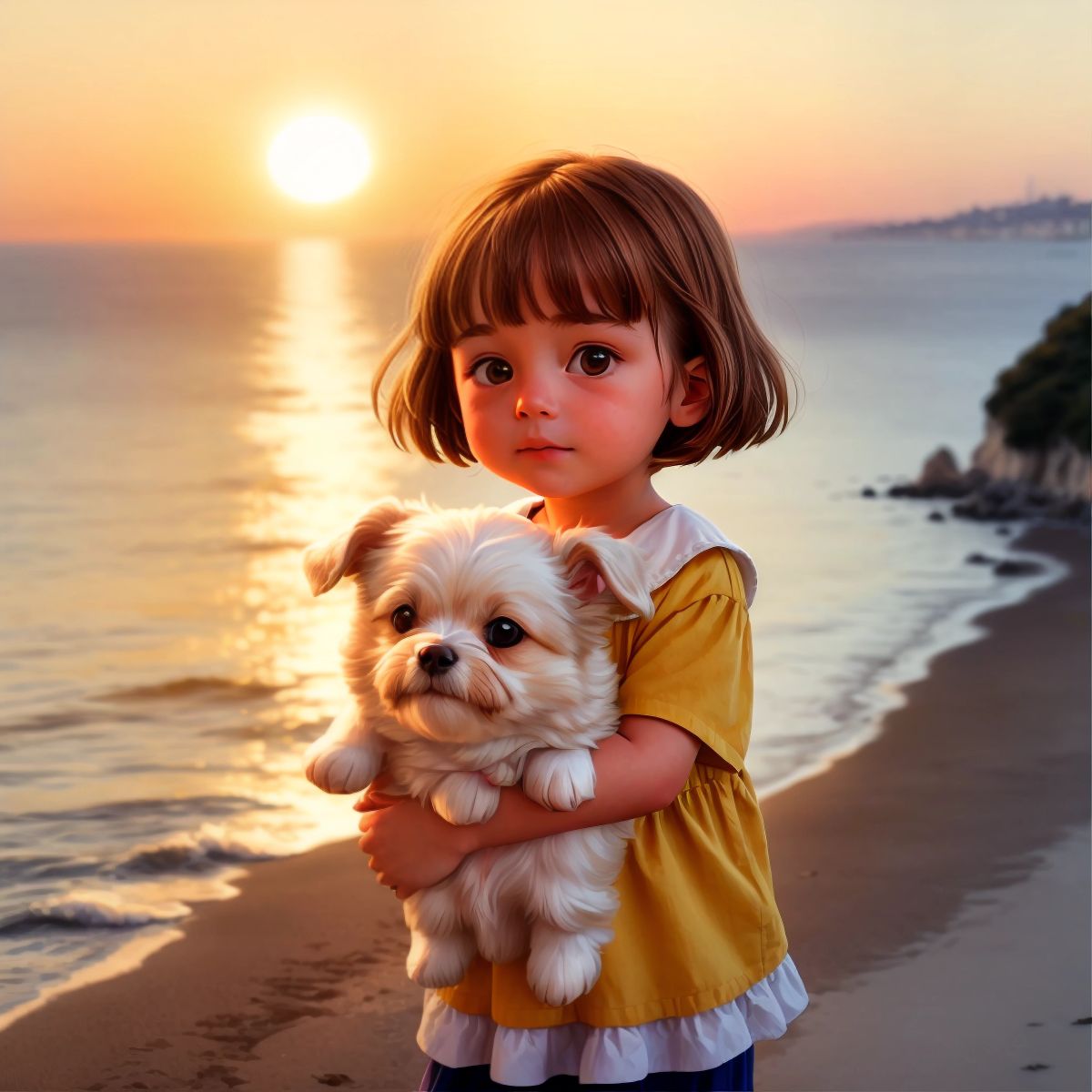 Nina hugging Ariel affectionately as the sun sets over the Lisbon bay, with warm colors filling the sky.