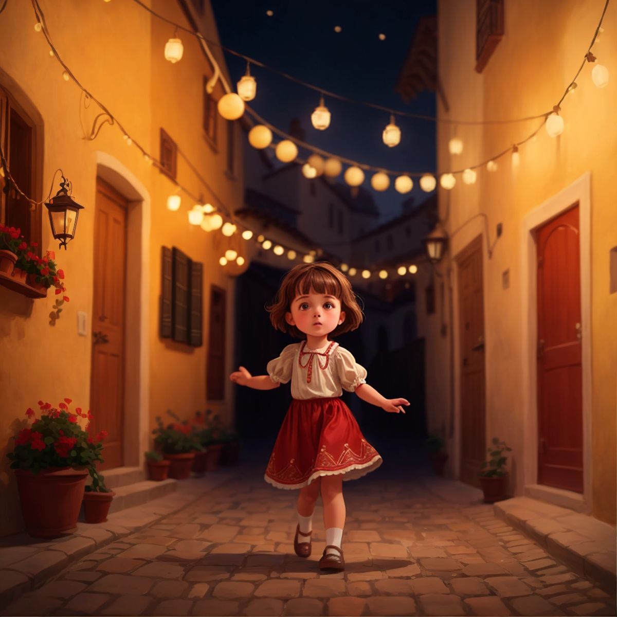 Nina swaying to the rhythm of Fado music in an alley adorned with hanging lights and decorations.
