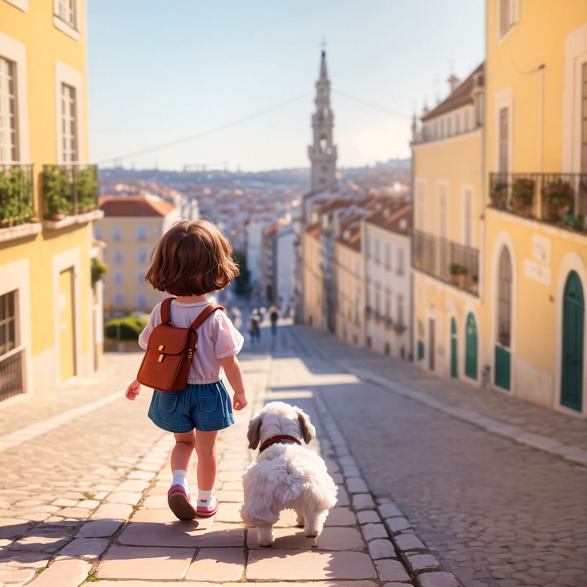 Nina and Ariel walking away from Lisbon, with the cityscape in the background and a trail of memories like photographs floating in the air.