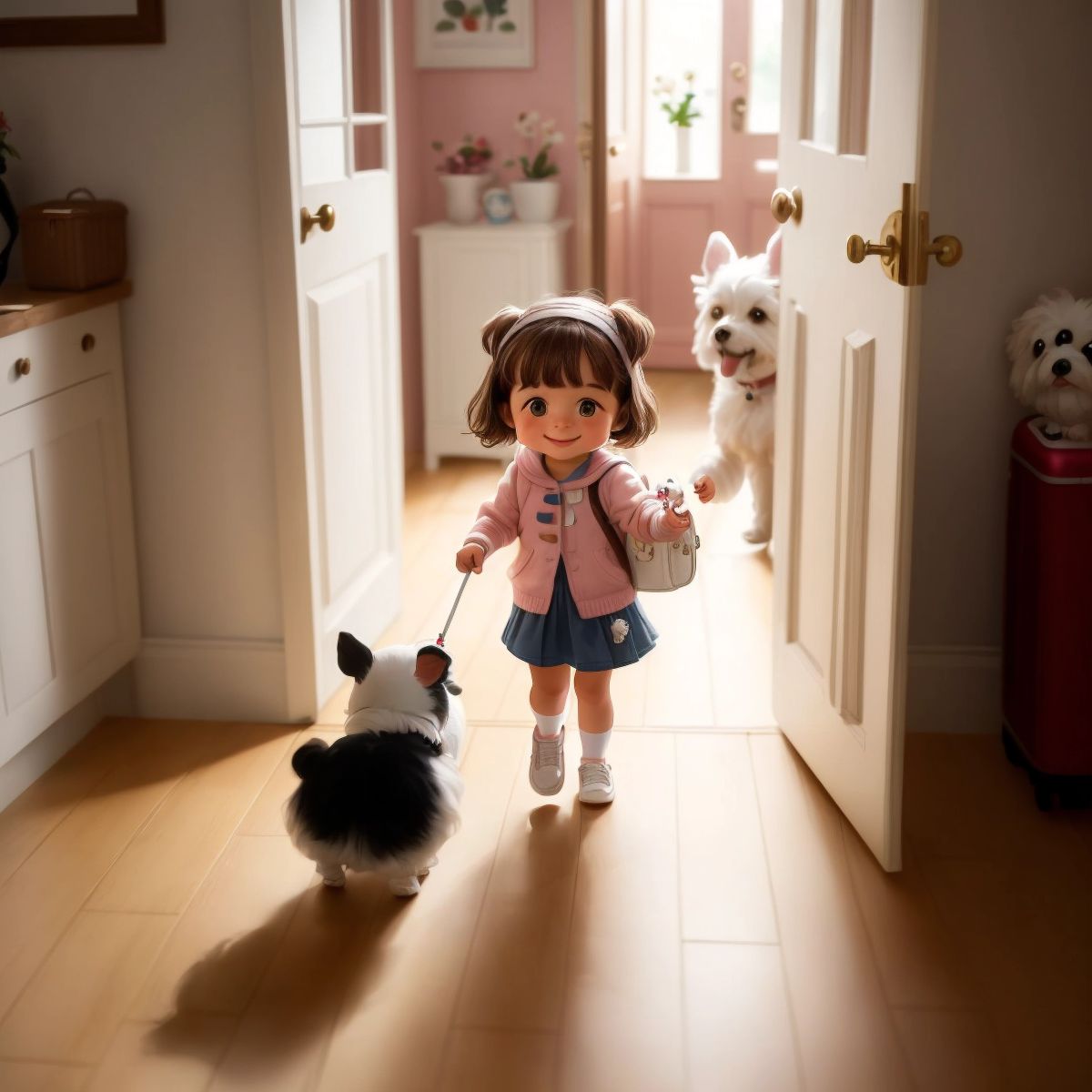 Nina and Ariel arriving back home, walking through their front door with luggage, both with content smiles.