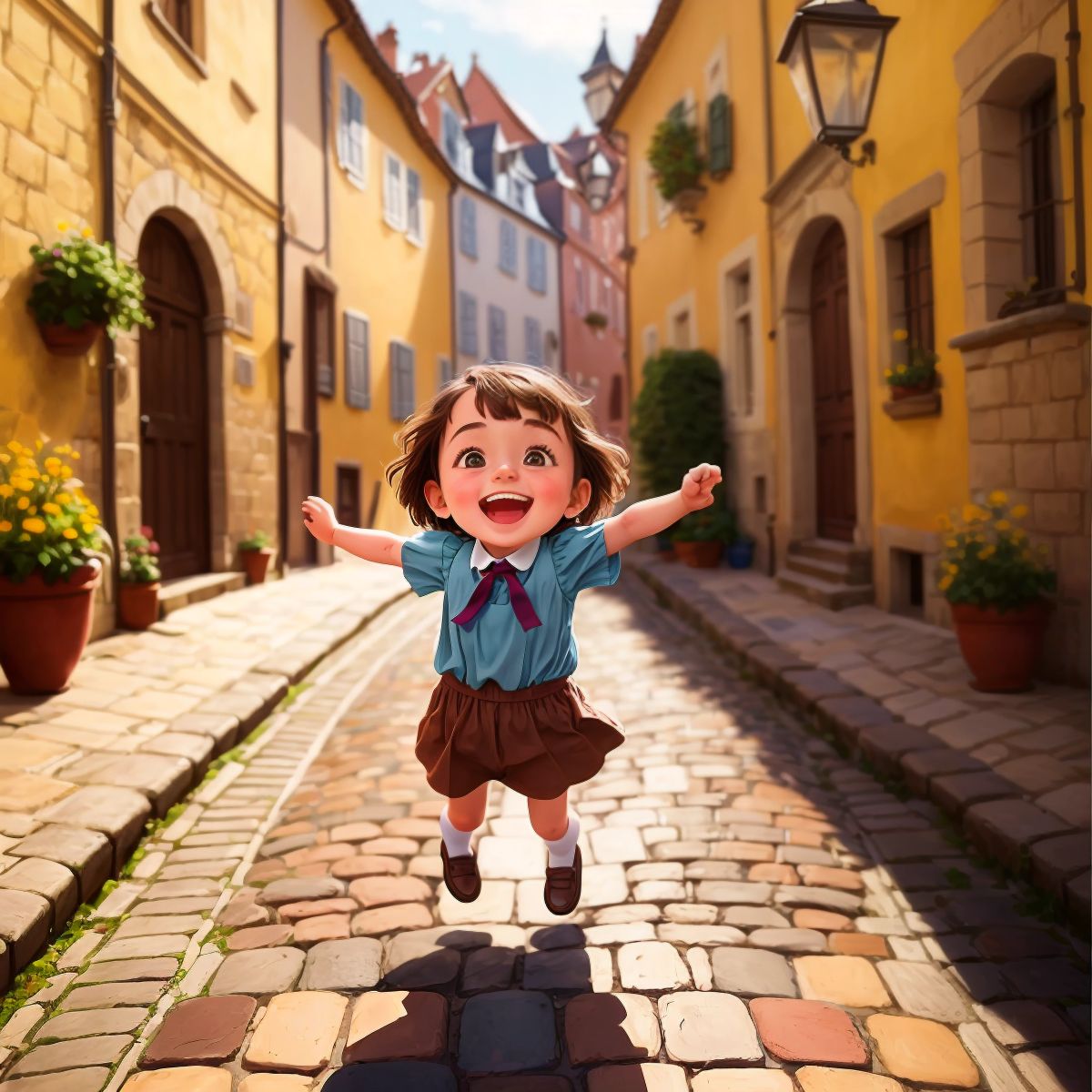 A joyful Nina skipping along a cobblestone street with historical buildings lining the path.
